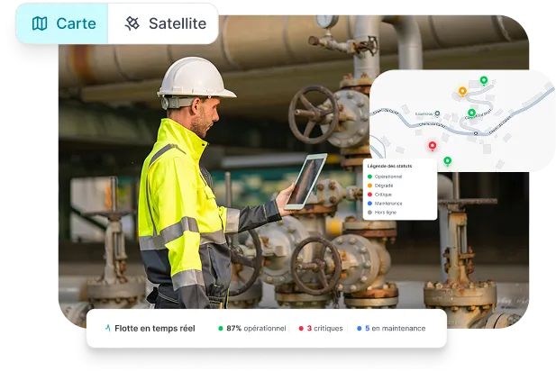 Carte satellite de localisation et suivi en temps réel des équipements dans la GMAO Leaneo